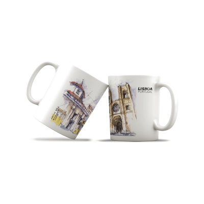 Duas canecas brancas com desenhos de monumentos de Lisboa e texto LISBOA PORTUGAL