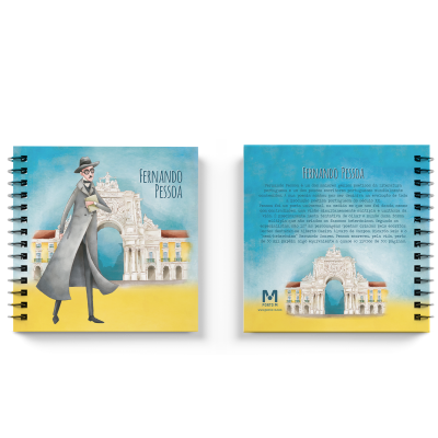 Caderneta espiral azul e amarela com ilustração de Fernando Pessoa e monumento