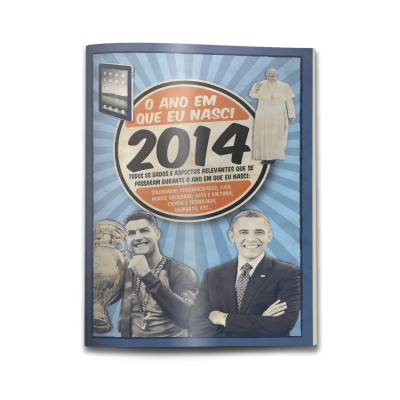 Capa de livro ou revista azul com texto e imagens de duas pessoas e um manequim