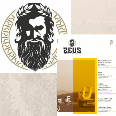Logótipo de Zeus com texto informativo em português sobre museus e exposições, fundo claro com elementos em amarelo