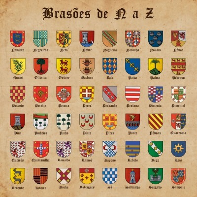 Brasões de famílias portuguesas de N a Z com padrões e cores variadas num fundo envelhecido