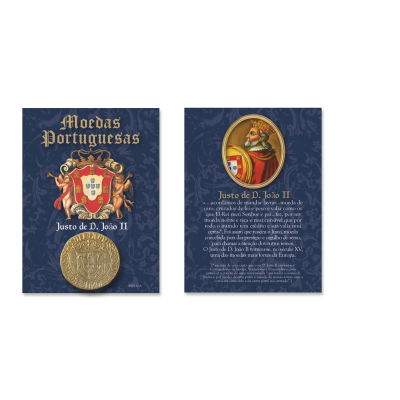 Moeda dourada em cartão azul-escuro com brasão, texto 'Moedas Portuguesas', e descrição histórica de D. João II