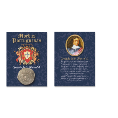 Moeda colecionável Cruzado de D. Afonso VI em embalagem azul com texto e imagem de D. Afonso VI