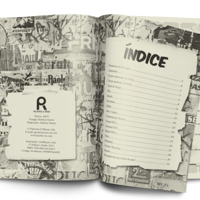 Livro aberto mostrando páginas com texto e índice em preto e branco