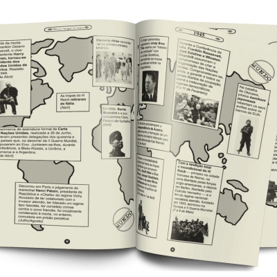 Livro aberto com páginas de história, textos em português e mapas cinza