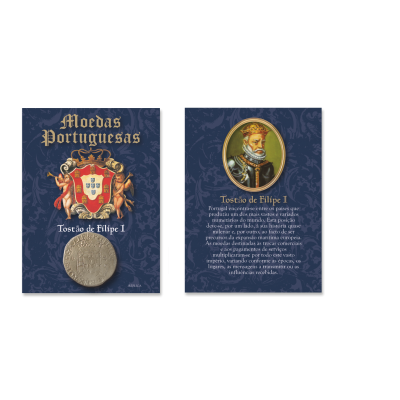 Moeda antiga em cartão azul com texto 