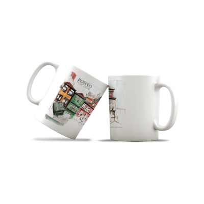Duas canecas de cerâmica branca com ilustrações de edifícios e texto PORTO