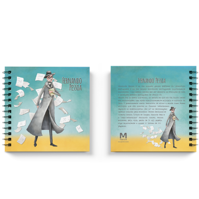 Caderno espiral com capa ilustrada de figura masculina e texto Fernando Pessoa