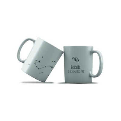 Duas canecas brancas com constelação e texto Escorpião