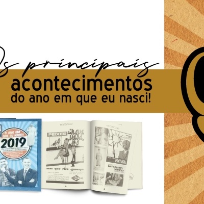Conjunto de livros coloridos numerados, dois livros abertos, texto decorativo sobre acontecimentos do ano de nascimento