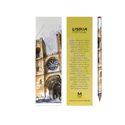 Marcador de página com ilustração da Torre de Belém e texto sobre Lisboa e Portugal, acompanhado por uma caneta com design semelhante.