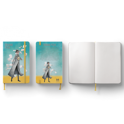 Três cadernos com capas amarelas e marcador amarelo, um aberto e outros dois fechados com ilustrações e texto.