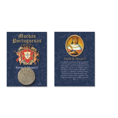 Cartões com moeda portuguesa e texto sobre D. Manuel I
