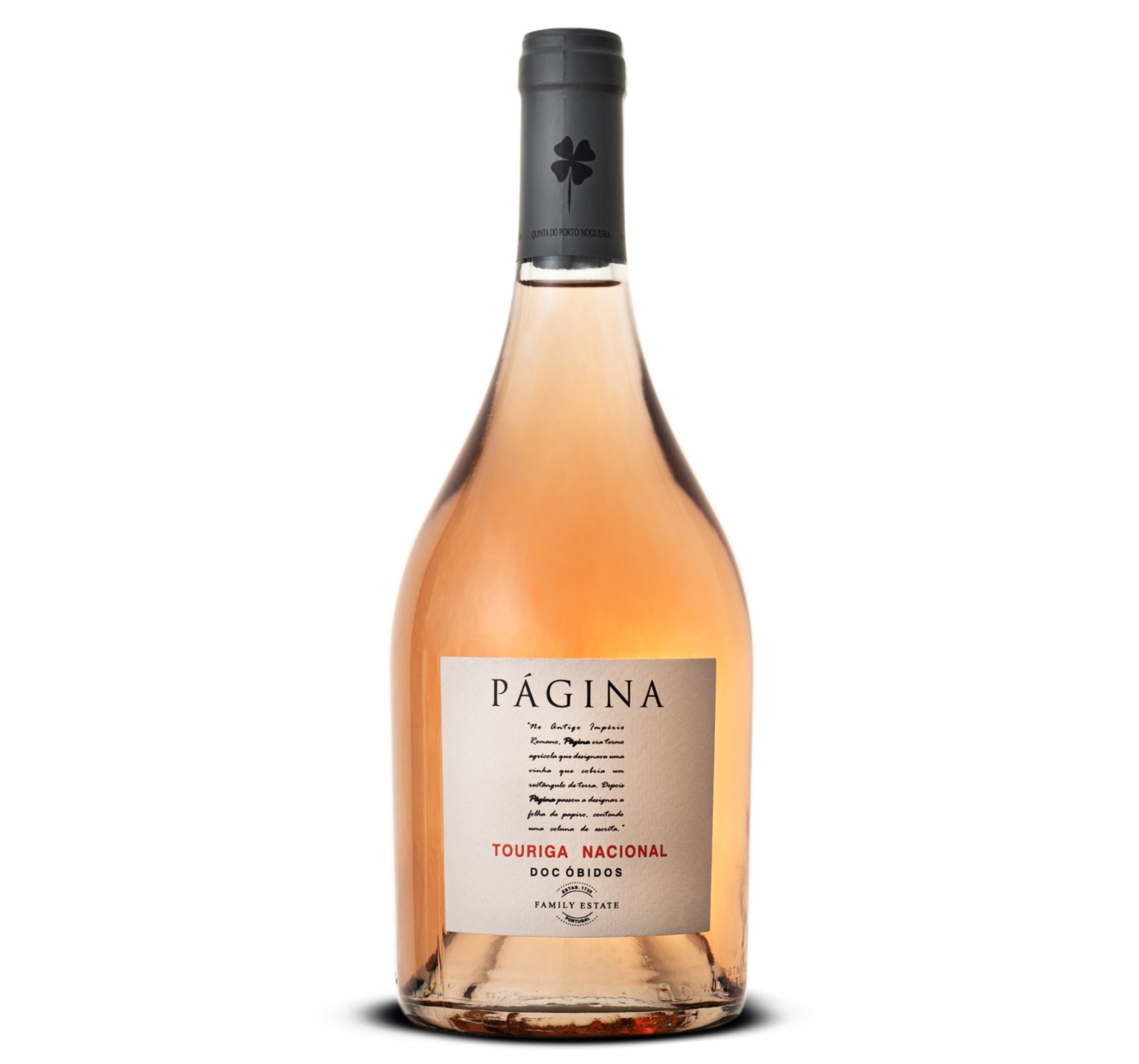 Garrafa de vinho rosé Página Touriga Nacional com rótulo branco e rolha preta
