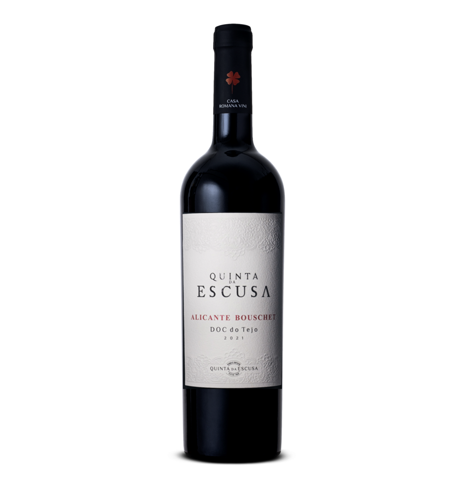 Garrafa de vinho tinto Quinta Escusa Alicante Bouschet 2021 com rótulo branco e selo preto
