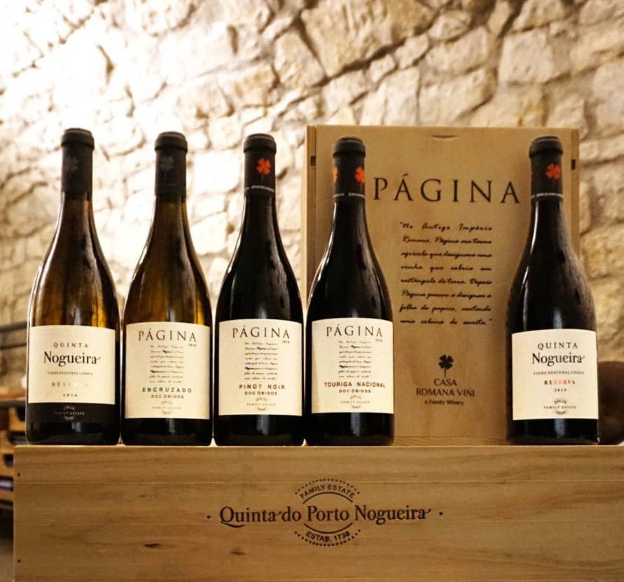 Cinco garrafas de vinho variadas sobre caixa de madeira com inscrições, parede de pedra clara ao fundo