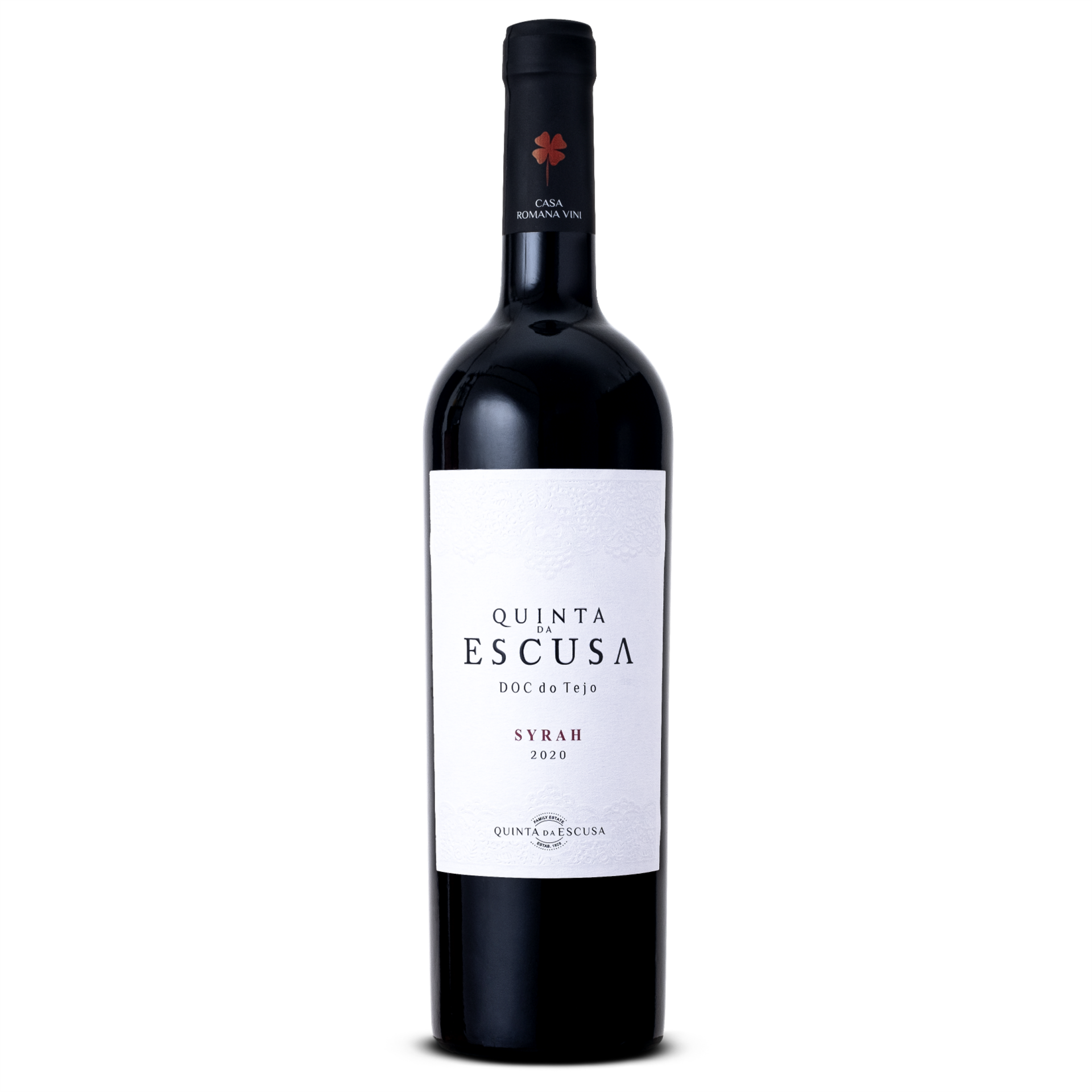 Garrafa de vinho tinto Quinta Escusa Syrah 2020 com rótulo branco e cápsula preta