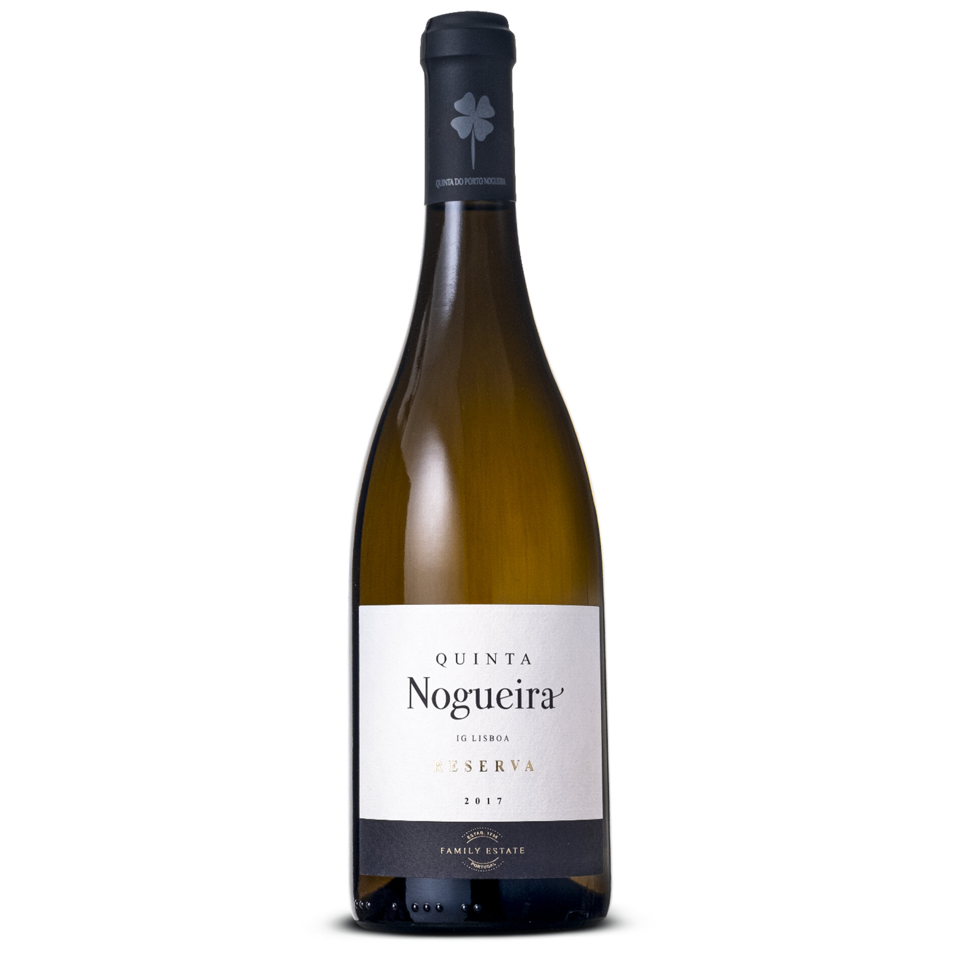 Garrafa de vinho branco Quinta Nogueira Reserva 2019 com rótulo branco e preto