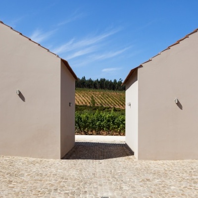 Duas construções cor bege com caminho de pedra e vinhas ao fundo