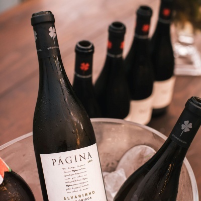 Garrafas de vinho PÁGINA com rótulos brancos e pretos num balde com gelo