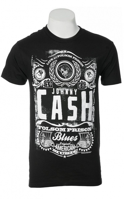 T-shirt preta com estampado branco Johnny Cash e temas de Folsom Prison.