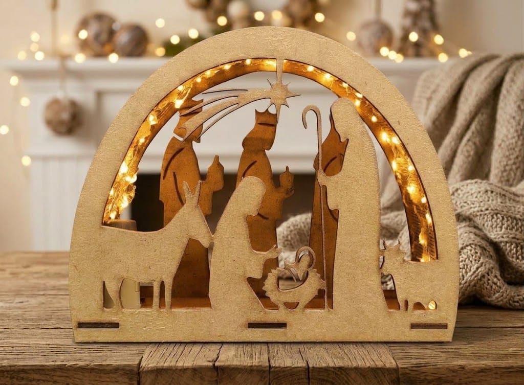 PRESÉPIO DE NATAL EM MDF COM ILUMINAÇÃO DE LED Presépio decorativo de madeira com luzes LED amarelas em arco