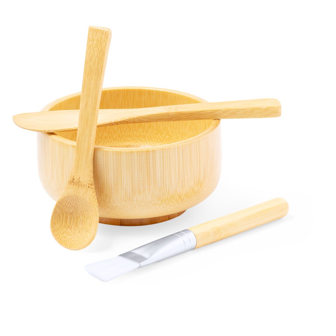 KIT SET MÁSCARA FACIAL - 4pçs Conjunto de tigela, colher, espátula de madeira e pincel com cabo de madeira.