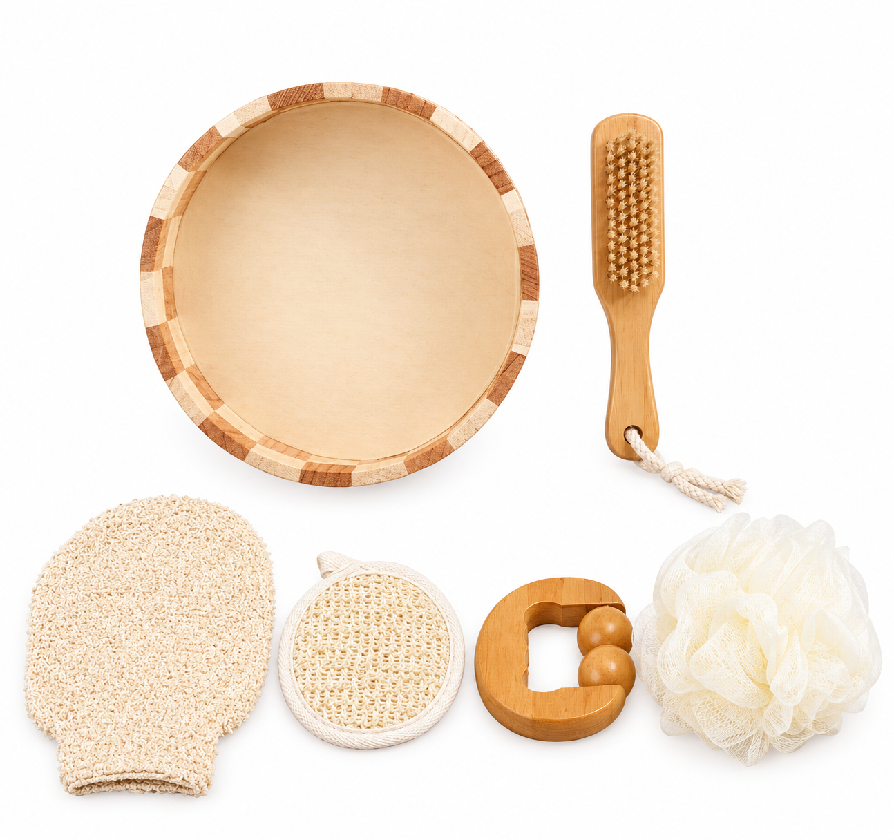 KIT SPA BANHO - 6 pçs Conjunto de acessórios de banho em madeira e tecido em fundo branco