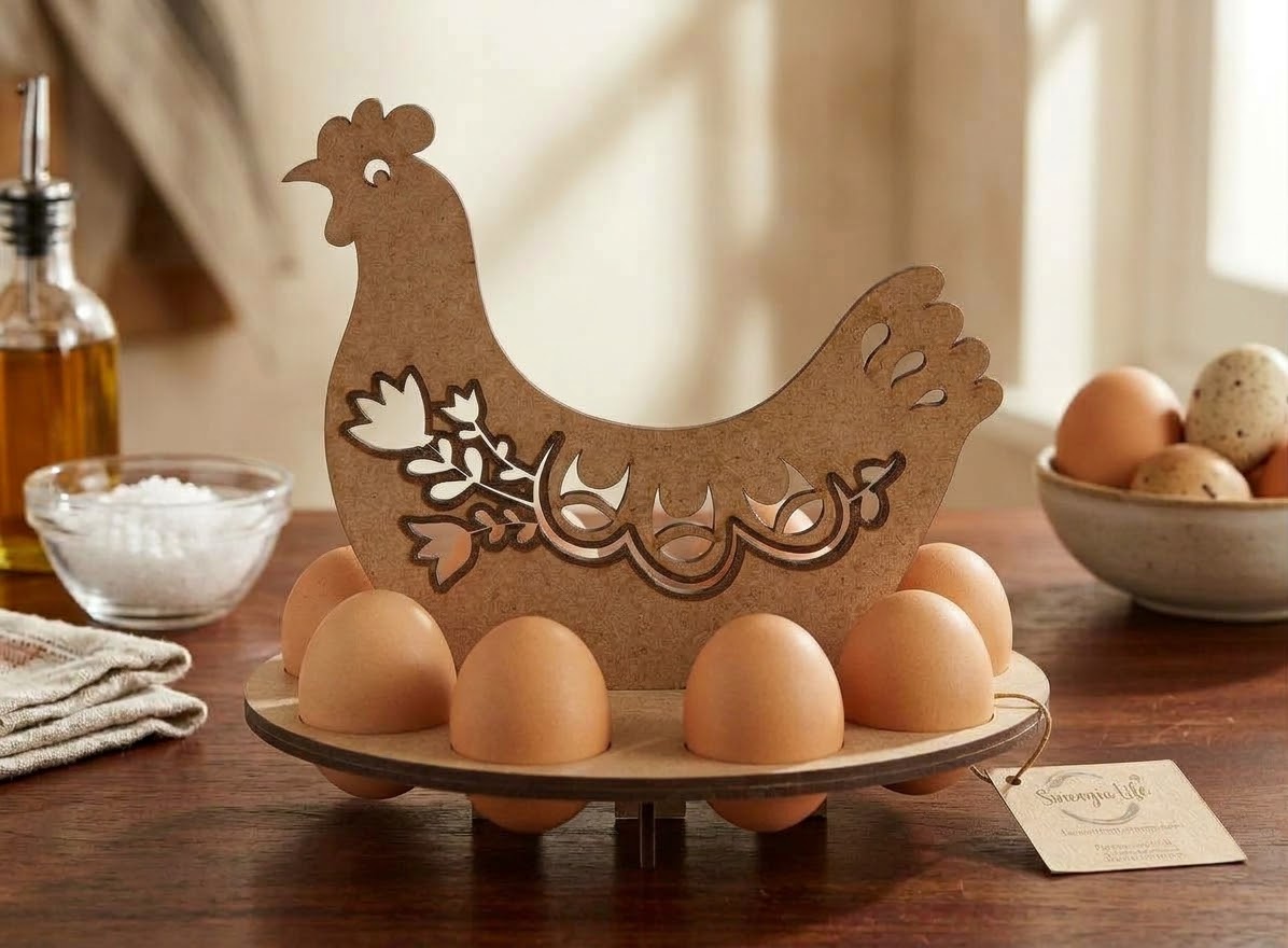 GALINHA PORTA-OVOS EM MDF Suporte para ovos em madeira com formato de galinha decorativa e ovos castanhos.