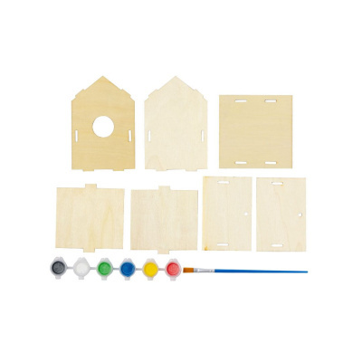 Peças de madeira para montar casinha com tintas coloridas e pincel