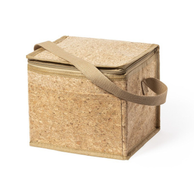 Bolsa térmica quadrada de cortiça bege com zíper e alça de tecido