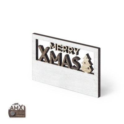 Decoração de Natal em madeira com texto MERRY XMAS e árvore de Natal