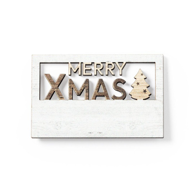 Placa decorativa branca de madeira com texto Merry Xmas e árvore de Natal