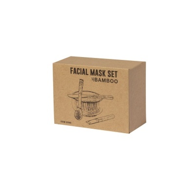 Caixa de cartão com texto e desenhos de utensílios para máscara facial
