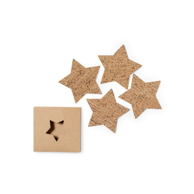 bases de copos em forma de estrela de cortiça castanha com embalagem de cartão