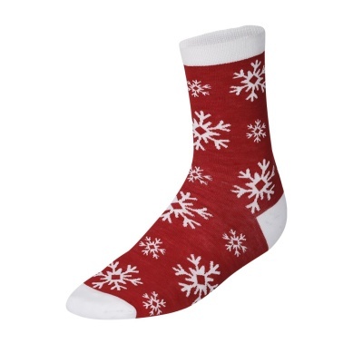 Meia vermelha com flocos de neve brancos e detalhes brancos