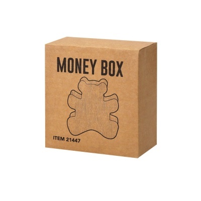 Caixa castanha com texto MONEY BOX e desenho de ursinho
