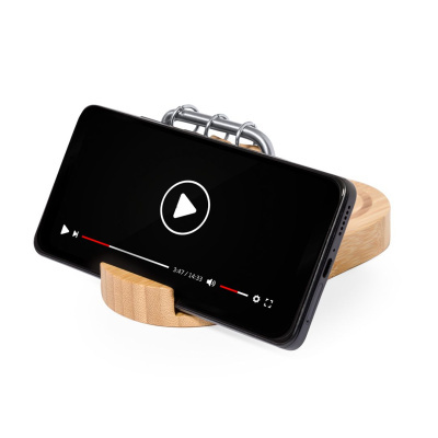 Suporte para telemóvel em madeira com estrutura metálica e telemóvel preto