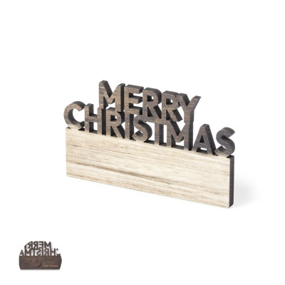 Decoração em madeira com frase Merry Christmas em letras recortadas.