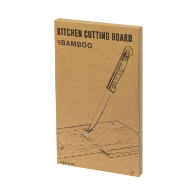 Embalagem de tábua de cortar cozinha em cartão castanho com texto e ilustração a preto.