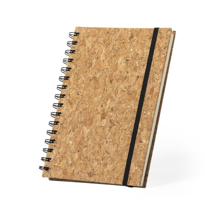 Caderno espiral com capa de cortiça e fecho elástico preto