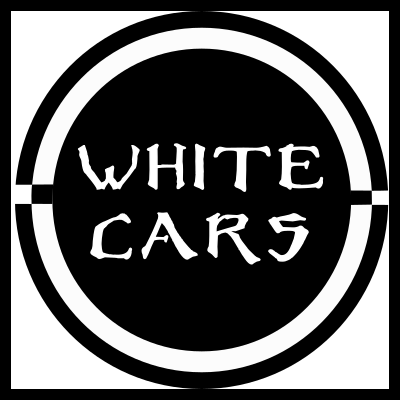 Logótipo circular preto com texto branco WHITE CARS no centro e anel branco em volta