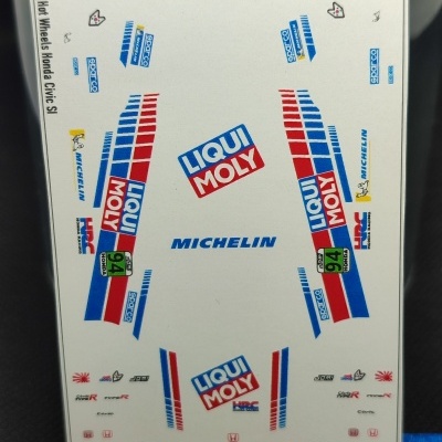 Folha de autocolantes para Hot Wheels Honda Civic SI com faixas e logos coloridas.