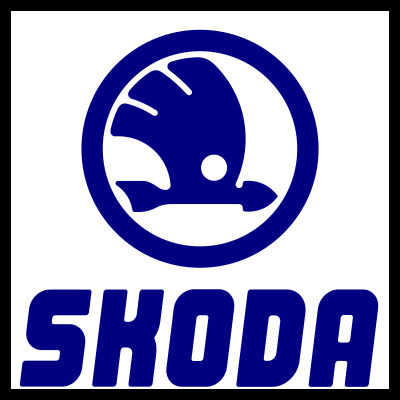 Logótipo azul da ŠKODA com asa estilizada dentro de um círculo e texto