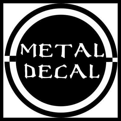 Adesivo metálico circular preto com texto branco METAL DECAL