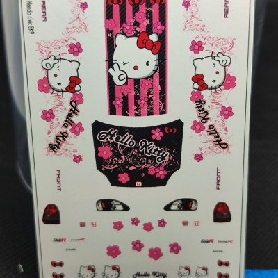 Folha de autocolantes Hello Kitty para carro em várias peças e cores rosa, preto e vermelho