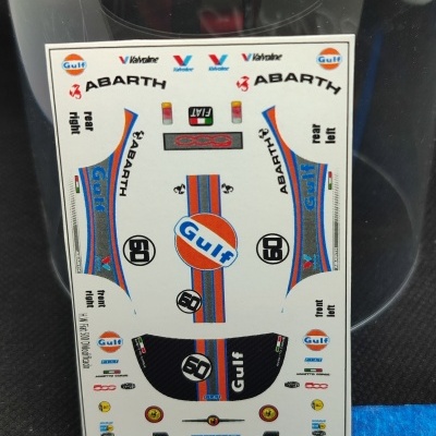 Folha de autocolantes para modelismo com logos Abarth, Gulf, Valvoline e Fiat