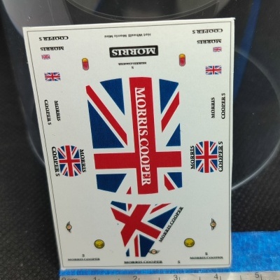 Folha de autocolantes para modelo Morris Cooper com bandeira do Reino Unido e texto