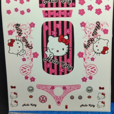 Folha de autocolantes Hello Kitty em rosa, preto e branco com flores e texto
