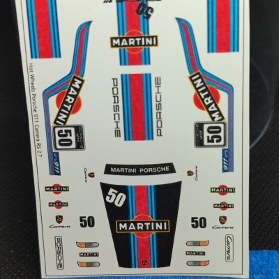 Folha de autocolantes para modelo Hot Wheels Porsche 911 Carrera RS 2.7 com desenhos Martini e número 50
